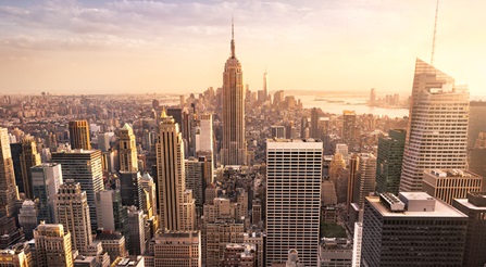 New,York,City,Skyline,With,Urban,Skyscrapers,At,Sunset,,Usa.